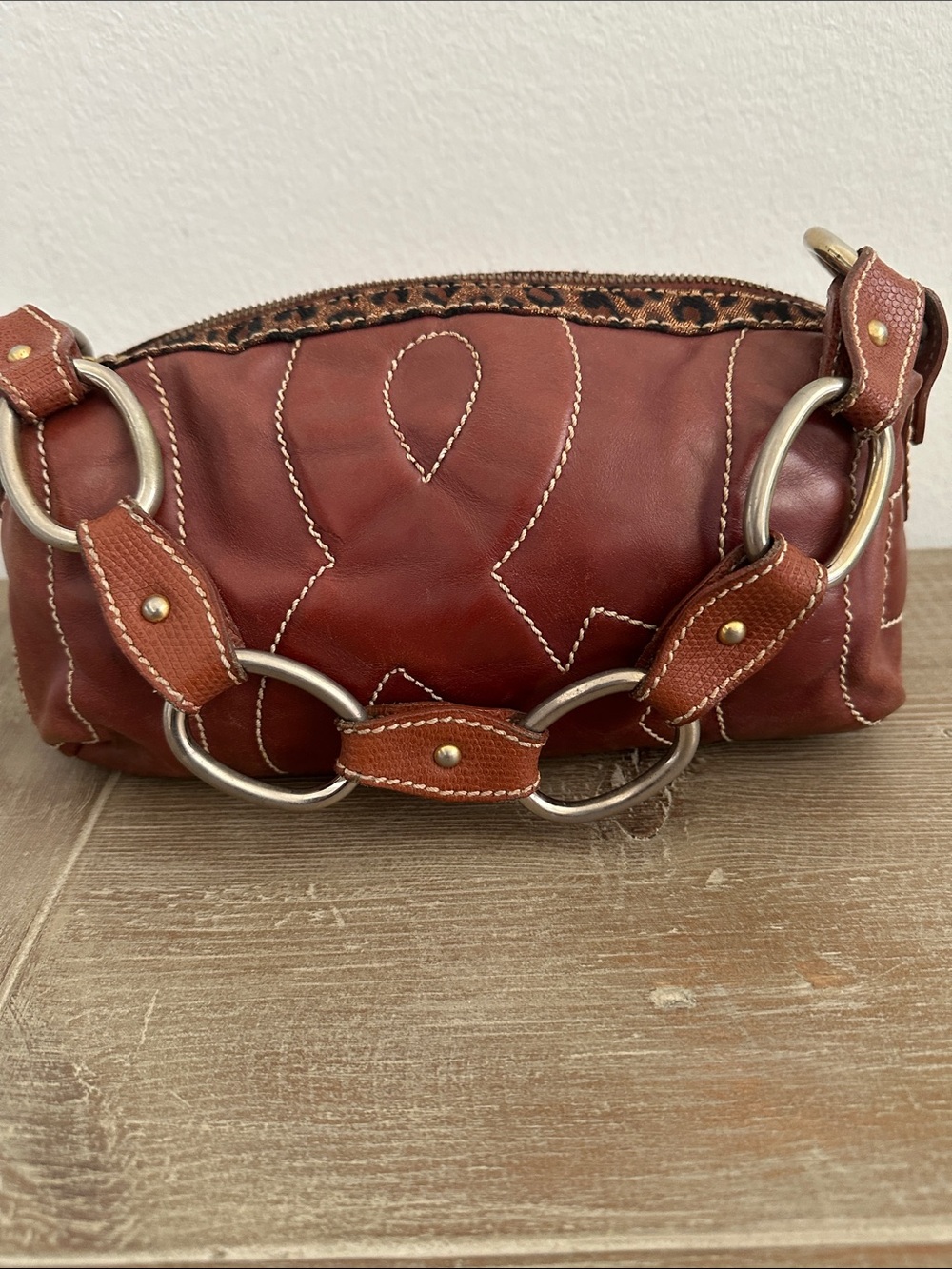 Vintage Dolce Gabana Brown Leather Bag With Leopard Print Trim